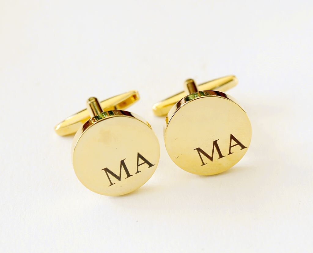Boutons De Manchette En Or Jaune 14K - Médaille Ronde Personnalisable (Initiale) - Neufs Avec Écrin