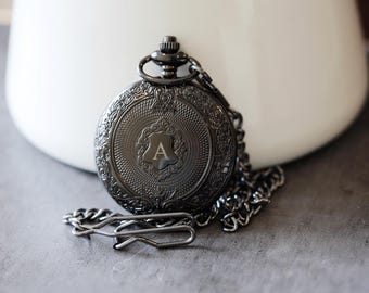 Personalisierte Schwarze Taschenuhr: Steampunk Quarz Uhr mit Kette