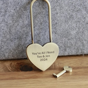 Engraved Brass Heart Love Lock: Custom Padlock with Key