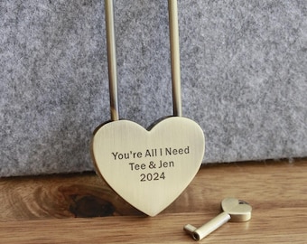 Engraved Brass Heart Love Lock: Custom Padlock with Key