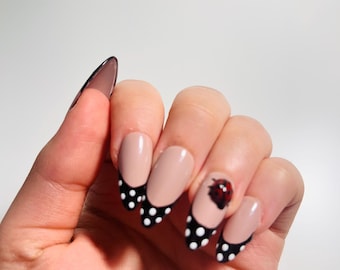 Ladybug Polka Dot Press On Nails – Handmade Almond Fake Nails – Cute Animal Nail Art – Reusable Acrylic Nails – Custom Fake Nail Set