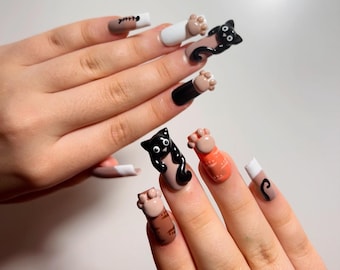 3D Cat & Paw Print Press-On Nails – Cute Black Cat, Paw, and Fish Bone Design, Handmade False Nails