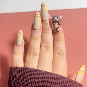 Uñas acrílicas 3D hechas a mano con diseño de monos. Set de decoración de uñas con dibujos animados.
