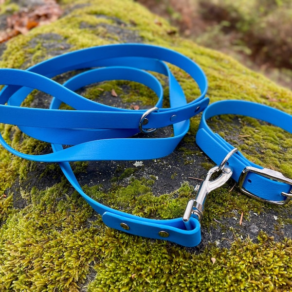 Waterproof Vegan Leather Dog Collar & Leash Set, 3/4 inch, Pacific Blue