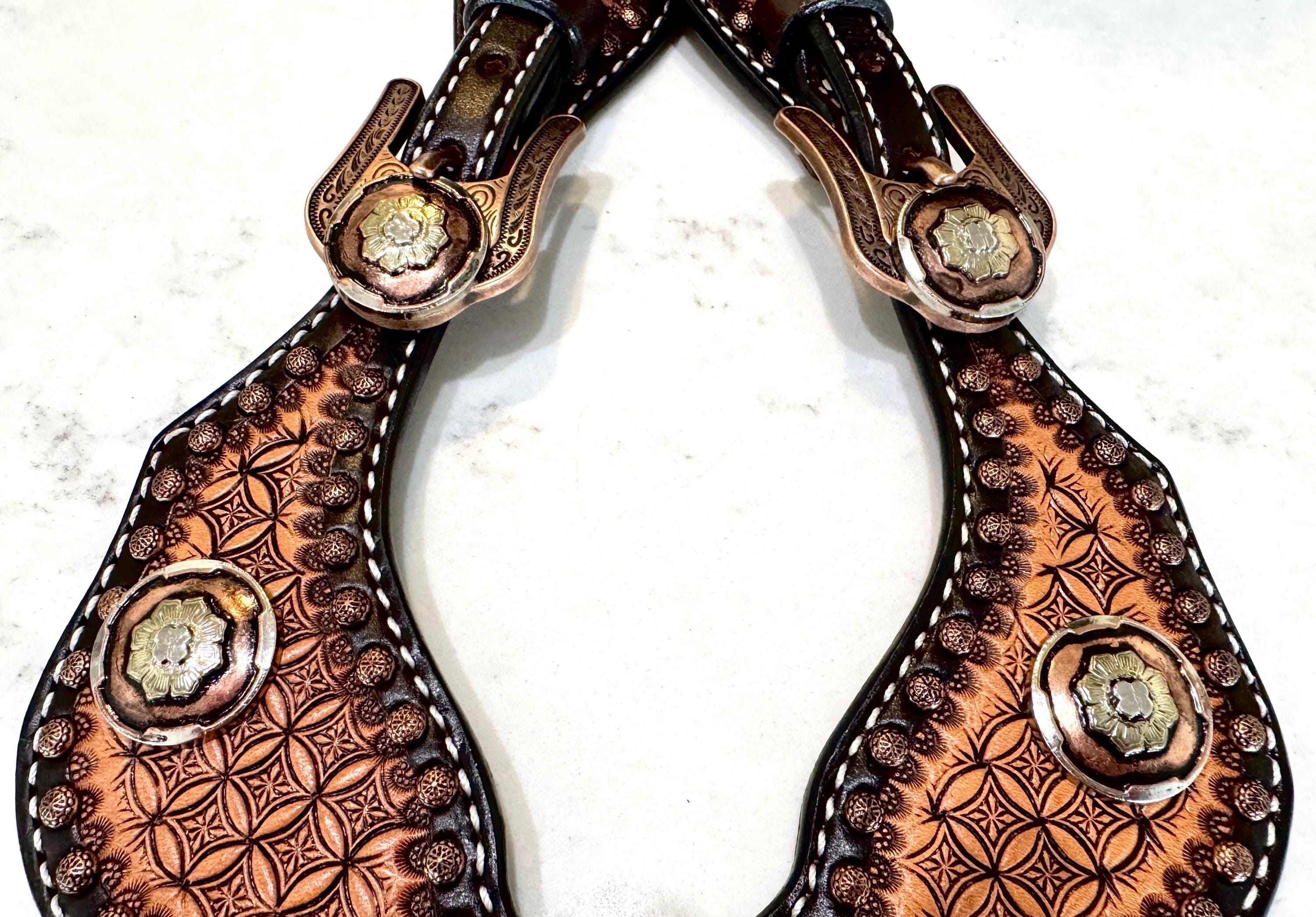 New! Showman Ladies Tooled Leather Spur Straps with Diamond Shaped Blue Rhinestone Conchos(Copy) main image 1