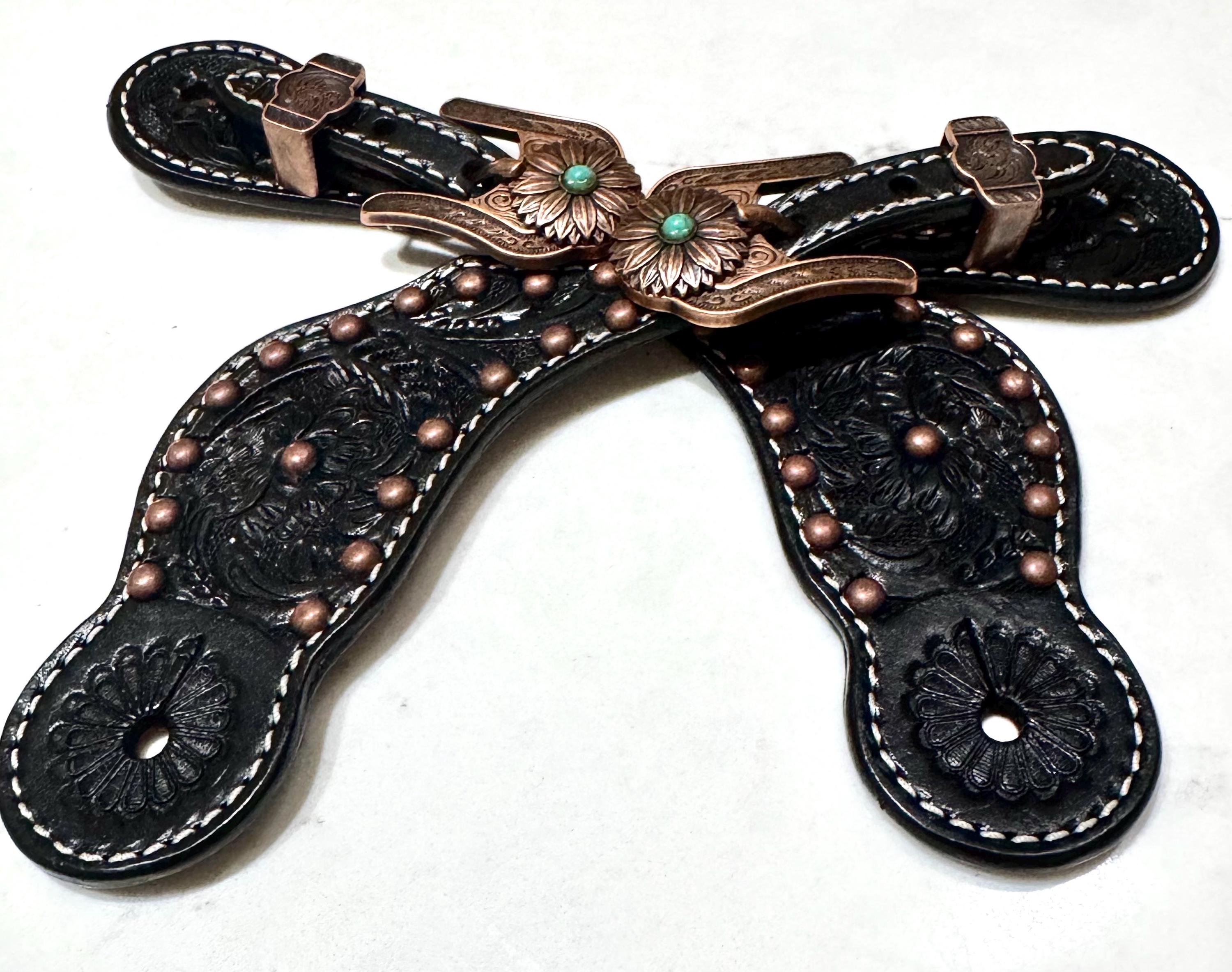 Ladies Black Floral Leather Spur Straps With Antique Copper - Etsy
