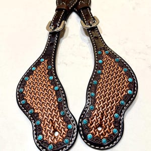 New! Showman Ladies Tooled Leather Spur Straps with Diamond Shaped Blue Rhinestone Conchos(Copy) main image 0
