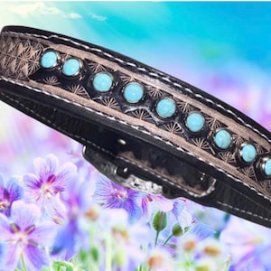 Black Leather Western Dog Collar with Turquoise Stones