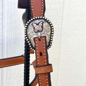 Tan Leather Halter with Custom Sterling Silver Butterfly Buckles