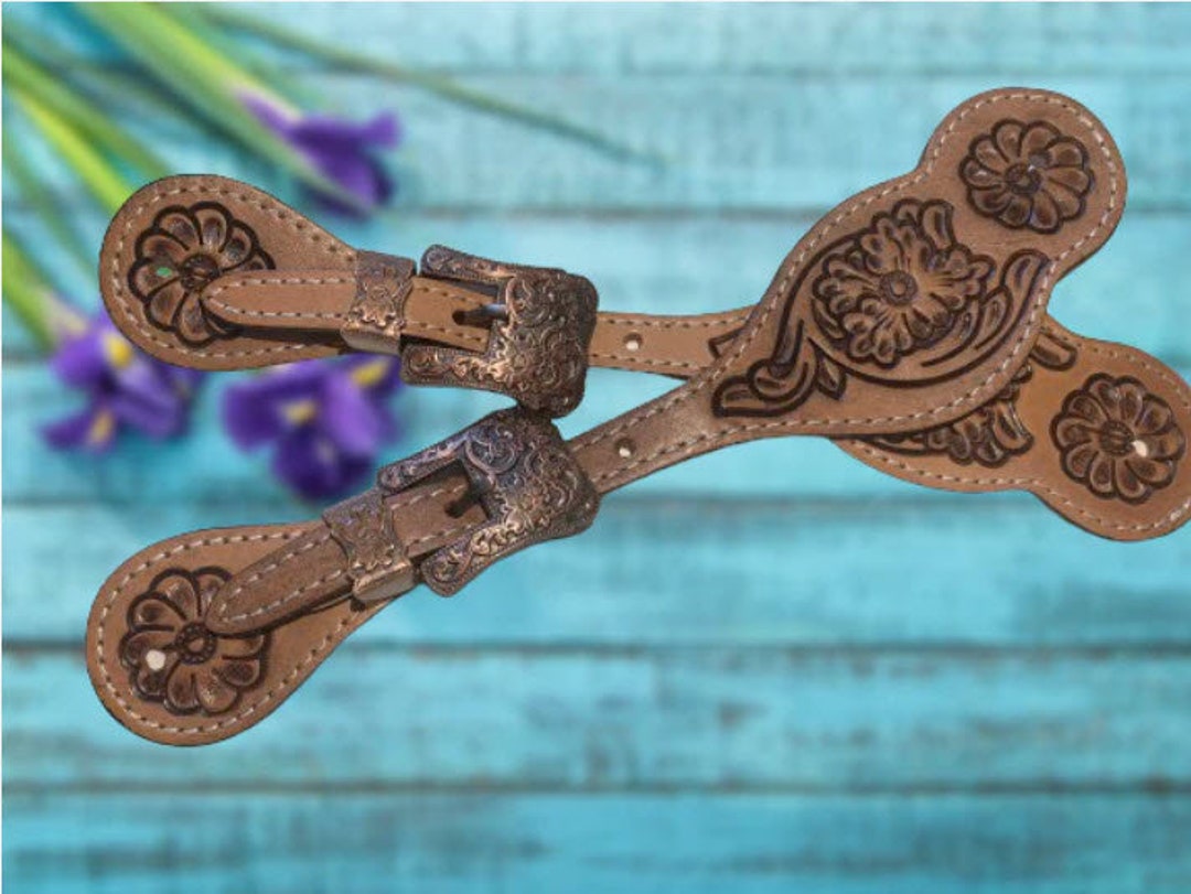 Floral Tooled Western Spur Straps With Antique Copper Buckles - Etsy