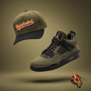 May include: An olive green baseball cap with the word Undefeated embroidered in orange script and a black brim, paired with an olive green high-top sneaker featuring black laces, a black sole, and an orange Jumpman logo on the tongue.