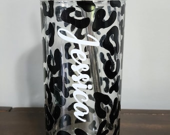 Personalized Leopard Glass Cup with Bamboo Lid and Stainless Steel Straw