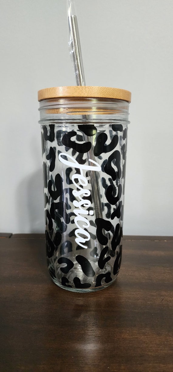 Cheetah Print Clear Glass Coffee Cup with Bamboo Lid and Straw