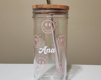 Personalized Smiley Face Glass Cup with Bamboo Lid and Stainless Steel Straw
