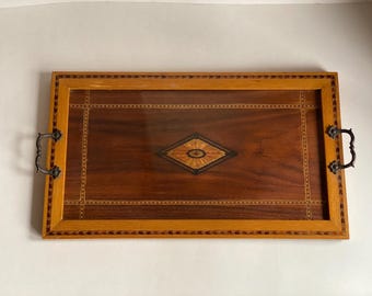 Vintage  Inlaid Wood  & Glass Top Tray With Handles