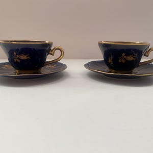 Vintage Cobalt Blue 22K Gold Bareuther Waldsassen Teacups & Saucers  Bavaria Germany Set Of Two