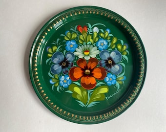 Vintage Hand Painted Signed Floral Folk Art Tin Tray