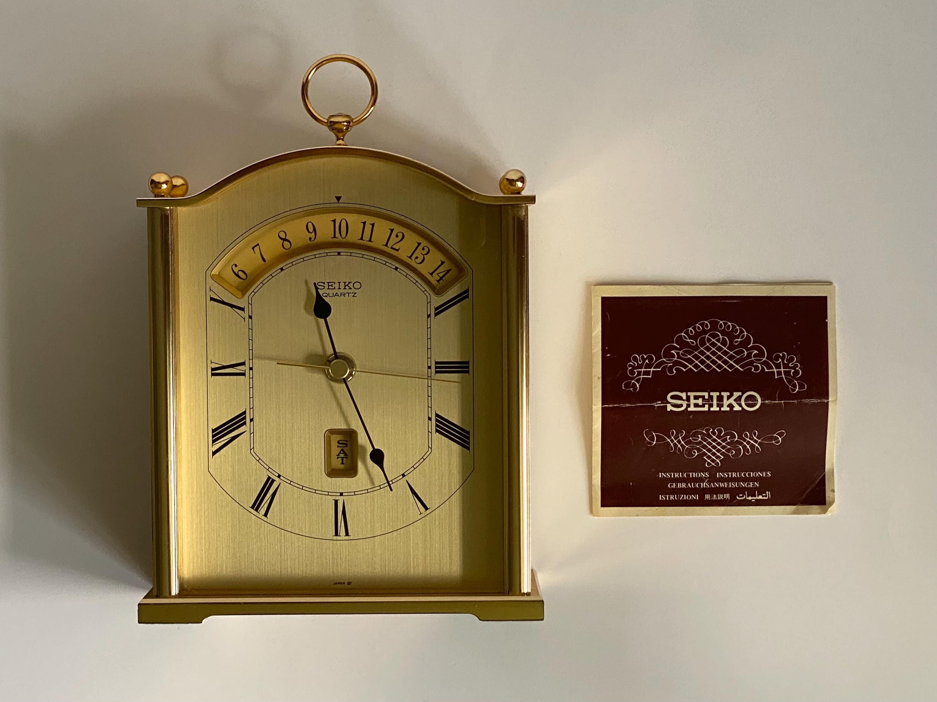 Rare Vintage Seiko Quartz Gold Tone Mantle Clock With Date & Days