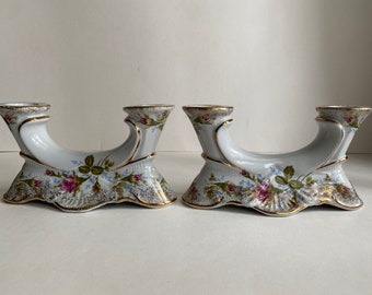 Vintage Chodziez Porcelain Floral Double Candlestick Holders Set Of Two Made In Poland