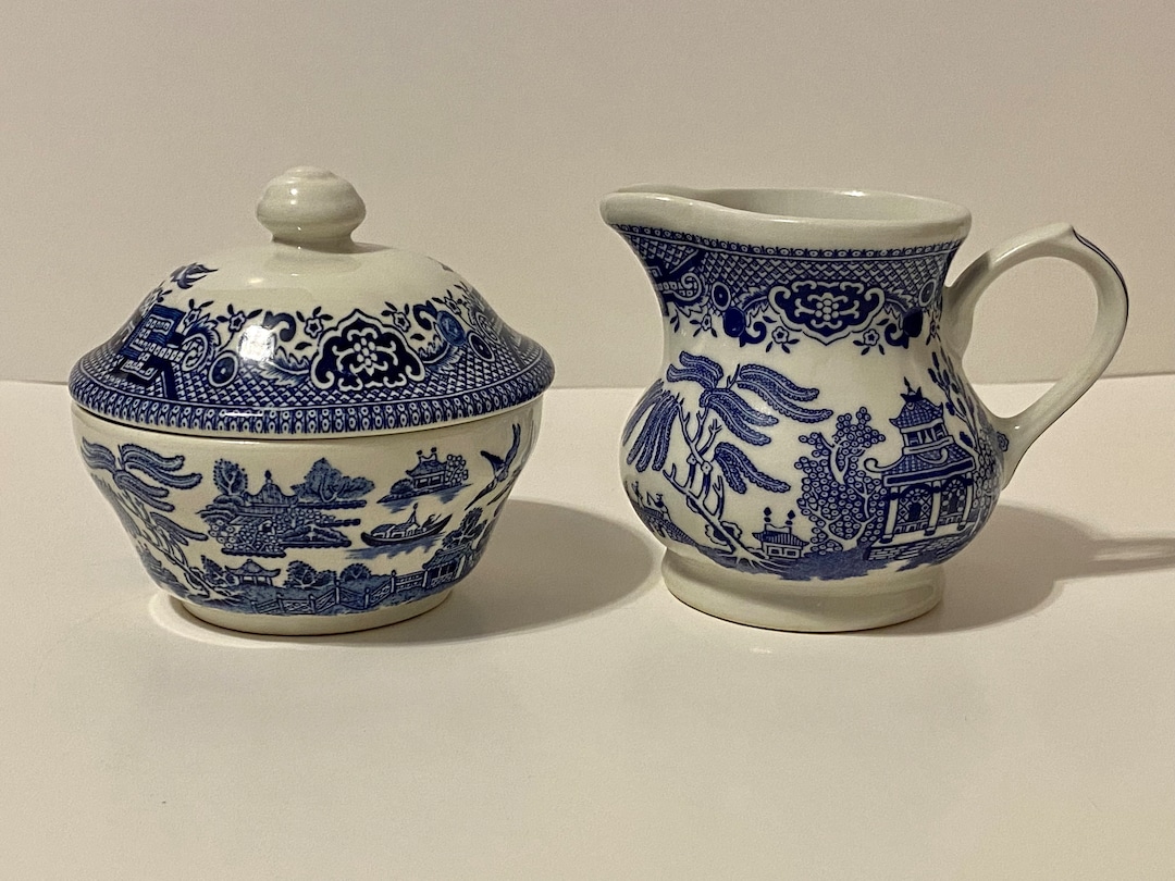 Churchill Blue Willow Porcelain Sugar Bowl With Lid & Creamer Set