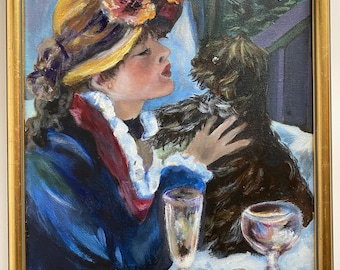 Encantadora pintura firmada y enmarcada de una dama y un perro