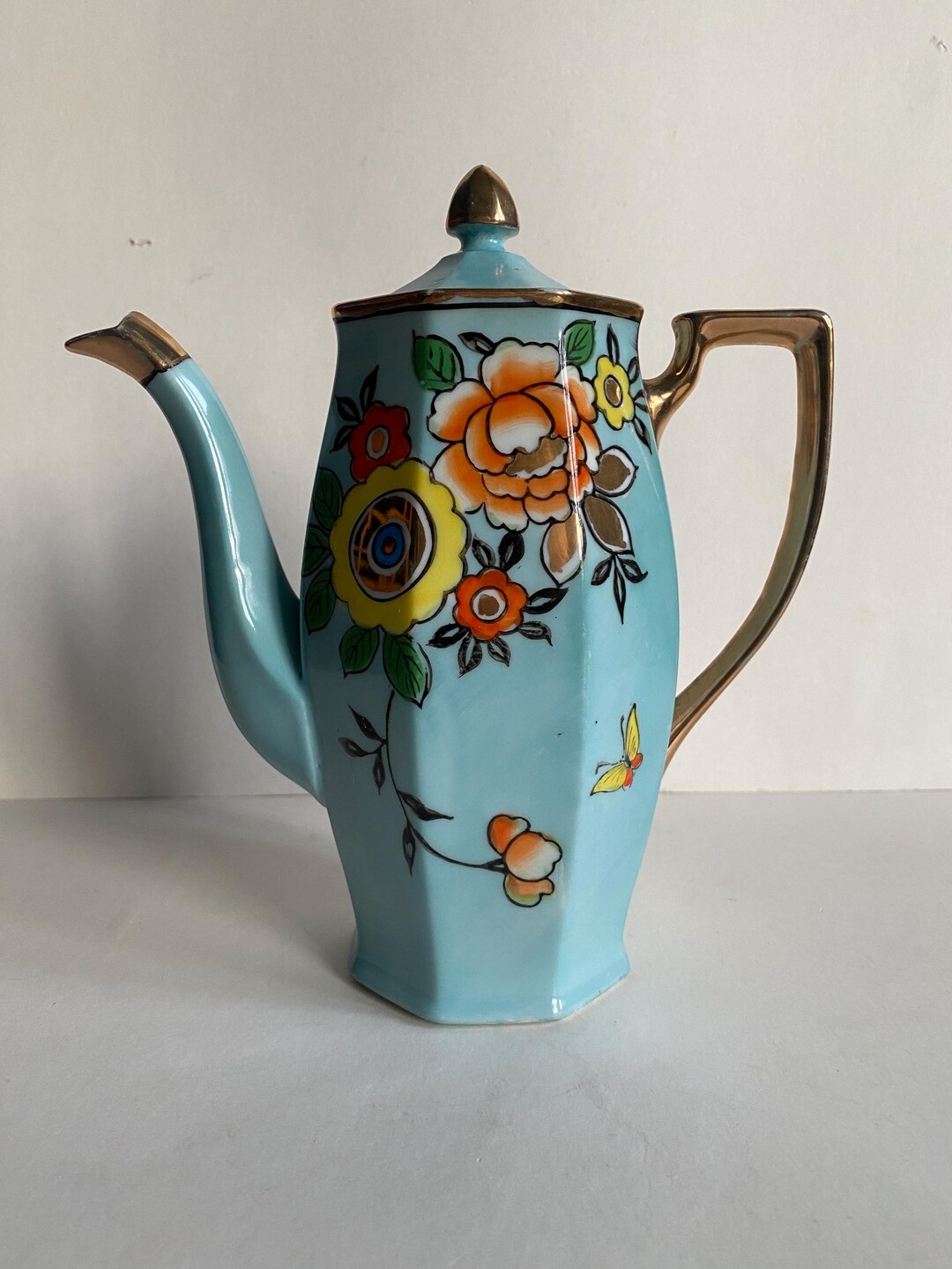 Vintage Hand Painted Porcelain Powder Blue & Floral With Gold Accent ...