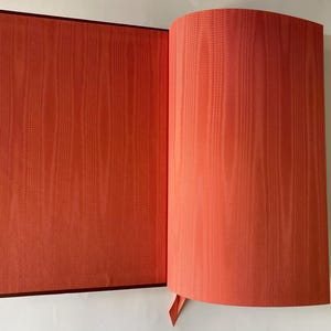 Puede incluir: Un libro abierto con p&aacute;ginas que muestran un patr&oacute;n de vetas de madera de color rojo anaranjado. La cubierta y los bordes del libro son de color marr&oacute;n oscuro. Se ve un marcador de cinta roja.