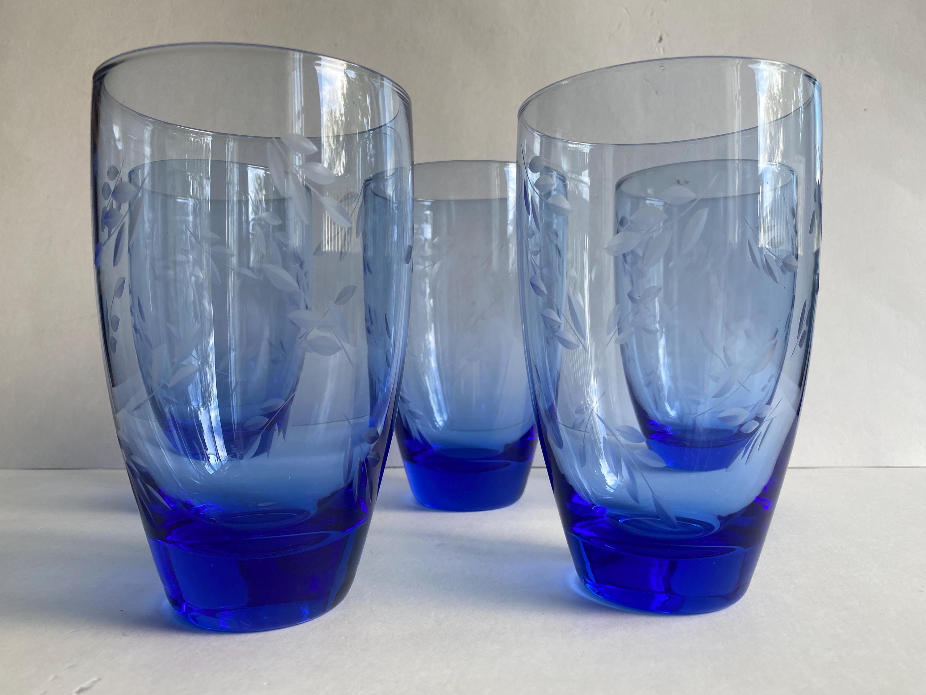 Etched Large Blue Glass Tumblers Set of Five - Etsy