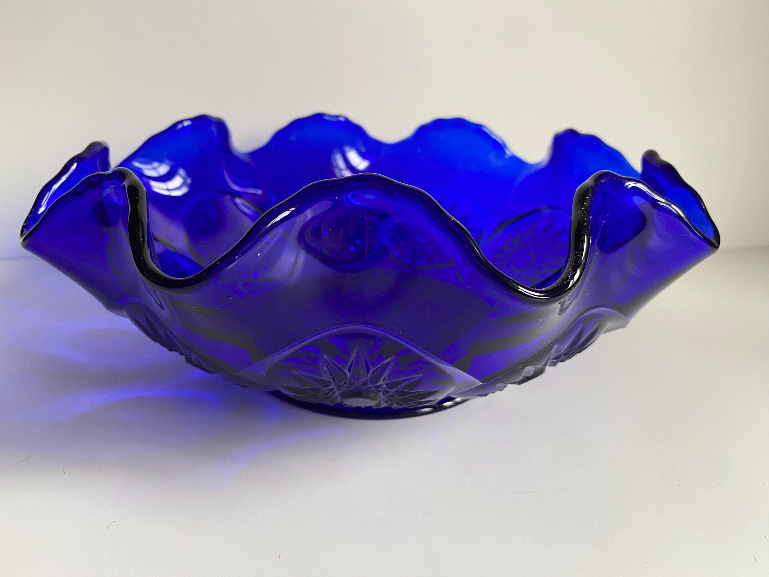 Vintage Cobalt Blue Pressed Glass Bowl With Ruffled Edge - Etsy
