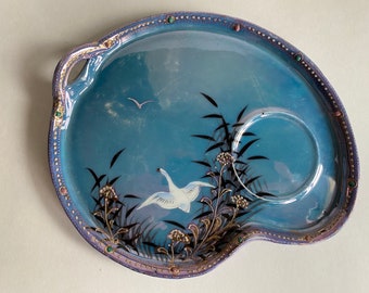 Vintage Teal Purple Lusterware Snack Plate  Flying Swan Made In Japan