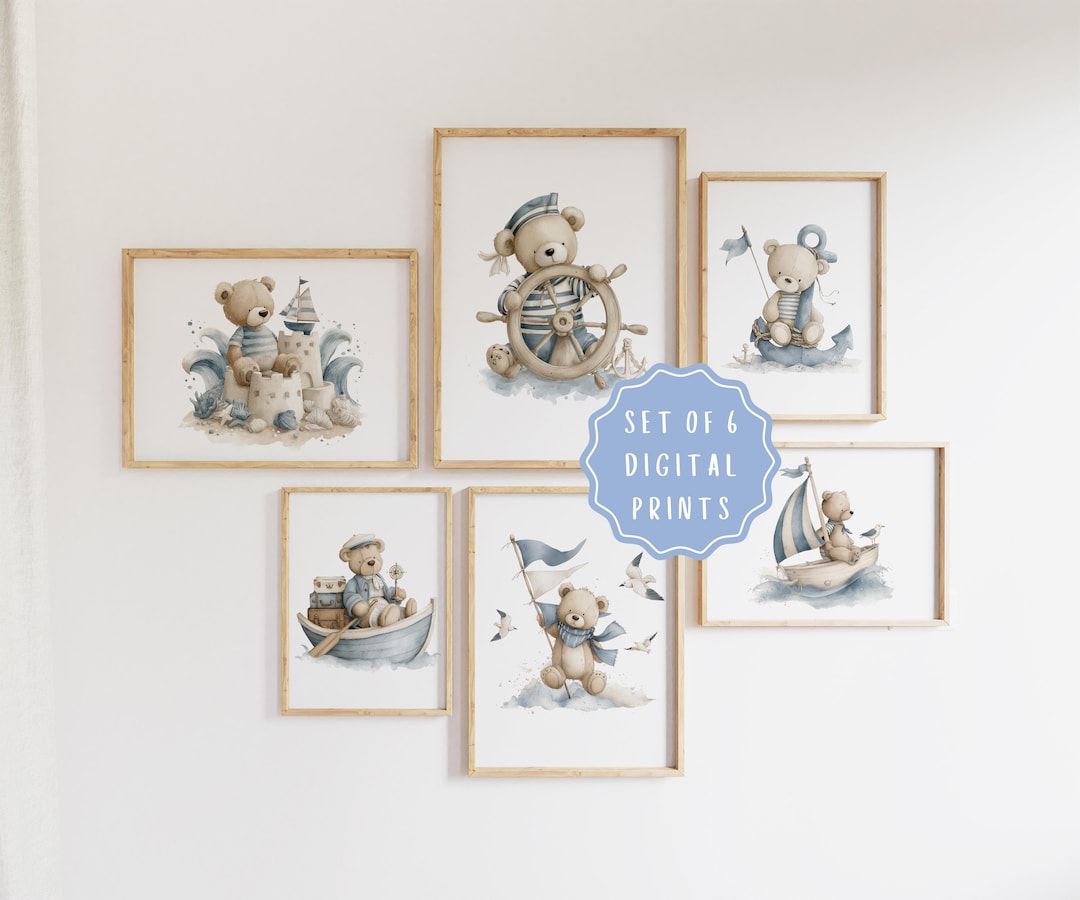 Nautical Teddy Bear Nursery Wall Art Set, Coastal Baby Boy Room Decor ...