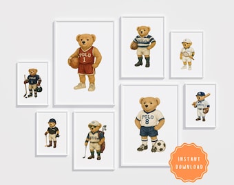 Preppy Sporty Teddy Bear Nursery Prints Set of 8 | Ralph Lauren Style Wall Art | Minimalist Boys Room Decor | Vintage Gallery Wall Set