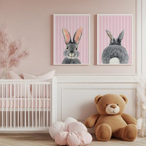 Bunny Print Set of 2 - Nursery Wall Art - Kids Baby Animal Posters - Printable Instant Digital Downloadable - Pink Background