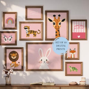 Girls Nursery Wall Art Bundle, 10 Pink Prints, Boho Girls Room Decor, Baby Girl Bedroom Wall Art, Animal Prints, Inspirational Quotes