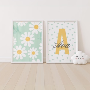 Set of 2 Custom Daisy nursery wall art print| Personalized name Daisy Nursery Decor| Nursery Child Kids Decor| Floral, Flowers Name sign