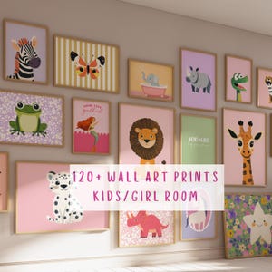 Kids Room Prints Girl, Bundle of 100 Pink Wall Prints, Toddler Room Art Girls, Nursery Wall Art Digital Download, Playful Animal Prints