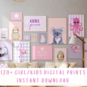 Kids Room Prints Girl, Bundle of 100 Pink Wall Prints, Toddler Room Art Girls, Nursery Wall Art Digital Download, Playful Animal Prints