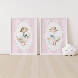 Vintage Pink Silly Goose Nursery Prints, Pink Wall Gallery, Sweet Floral Nursery Decor, Nursery Wall Art Girl, Baby Animal Art, Cottagecore