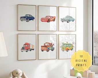 10 pôsteres do filme Carros do Relâmpago McQueen para decoração de parede, pôsteres para quarto de bebê, clipart digital com Sally Carrera, pôster com Tom e Mate.
