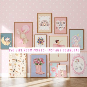 Kids Room Prints Girl, Bundle of 150 Pink Wall Prints, Toddler Room Art Girls, Nursery Wall Art Digital Download, Playful Animal Prints