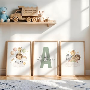 Set of 3 Safari Animal Nursery Decor Wall Art Print| Personalized name| Jungle Animal, Lion, Elephant, Giraffe | Child Kids| Custom