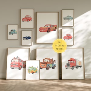 10 Lightning McQueen Cars filmposterafdrukken, kunst aan de muur decor voor kinderdagverblijven en speelkamers, digitale clipart Sally Carrera Tom Mater set