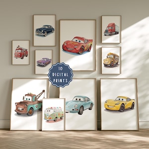 May include: A collection of ten framed digital prints featuring watercolor illustrations of various cartoon cars. The prints include a red race car, a tow truck, a school bus, and other vehicles. The text "10 DIGITAL PRINTS" is also visible.