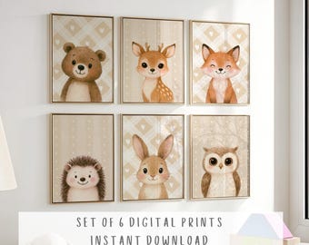 Woodland kinderkamer prints muur kunst cadeau, set van 6 afdrukbare bosdieren babykamer decor, bosrijke kinderkamer decor, kinderkamer muur kunst om af te drukken