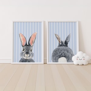Bunny Print Set of 2 - Nursery Wall Art - Kids Baby Animal Posters - Printable Instant Digital Downloadable - Blue Background