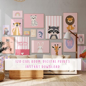 Kids Room Prints Girl, Bundle of 120 Pink Wall Prints, Toddler Room Art Girls, Nursery Wall Art Digital Download, Playful Animal Prints
