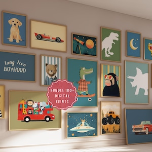 Lot de 140 oeuvres d'art murales pour chambre d'enfants, décoration de chambre de garçons sur le thème de l'aventure, impressions animalières et spatiales, oeuvre d'art murale numérique pour enfants, chambre de tout-petit