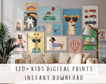May include: A collection of colorful digital art prints for kids, featuring various animal characters, vehicles, and space themes. The prints are displayed on a wall above a sofa, with the text "120+ KIDS DIGITAL PRINTS INSTANT DOWNLOAD" at the bottom.