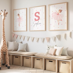 Art mural personnalisé pour chambre de bébé ballerine, lot de 3 impressions, nom personnalisé et initiale, décoration de chambre de ballet rose, art de chambre de filles, téléchargement numérique