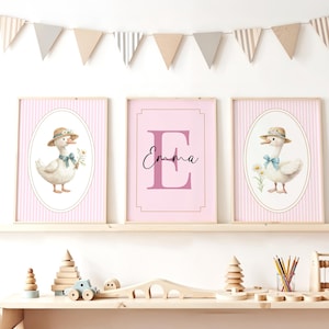 Vintage Pink Silly Goose Nursery Prints, Pink Wall Gallery, Set of 3 Custom Name, Nursery Wall Art Girl, Baby animal Art, Cottagecore